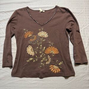 Susan Lawrence Vintage Brown Top Flowers Sz Med 100% Cotton